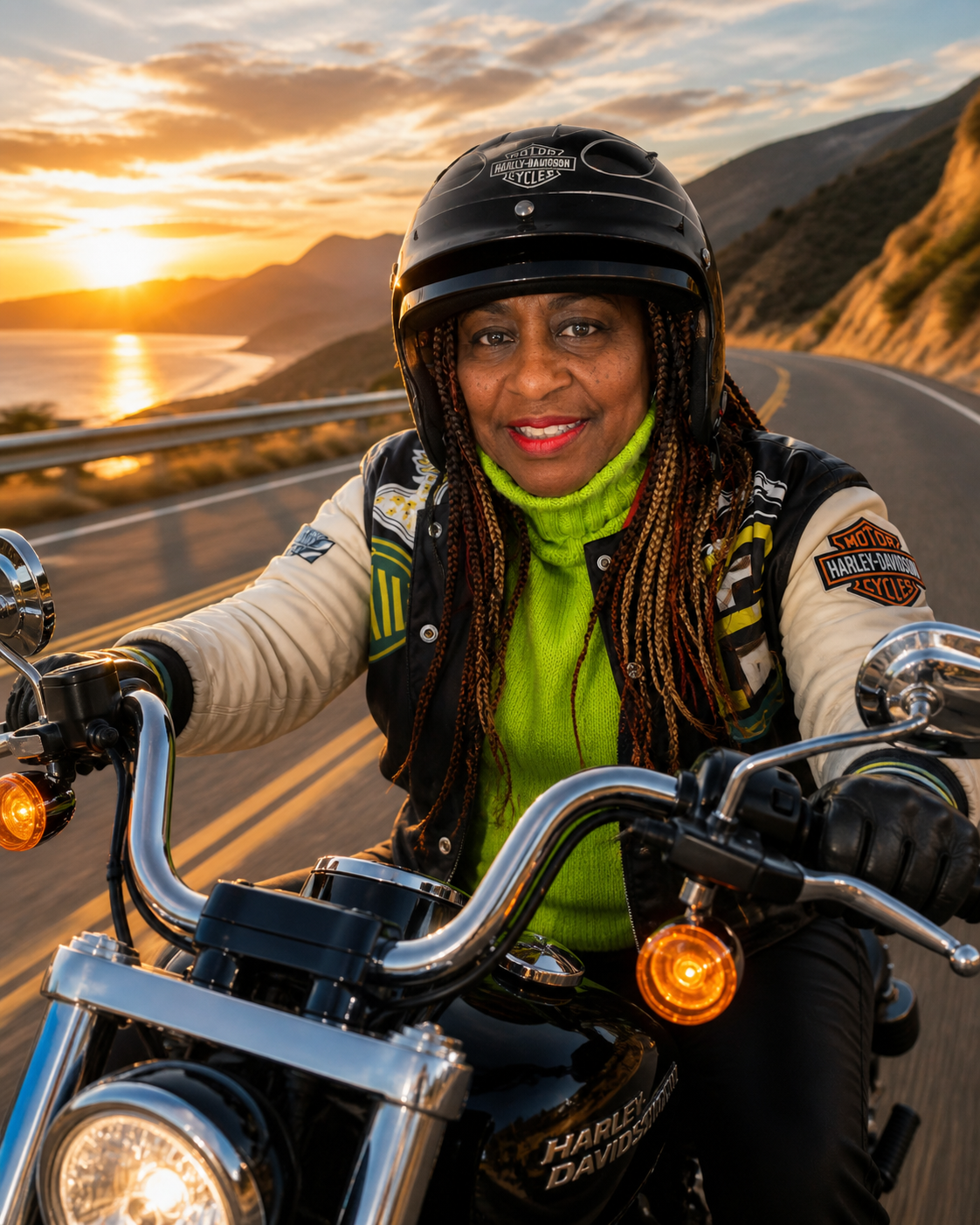 Dr. Enola riding a Harley solo at sunset in a lime green turtleneck