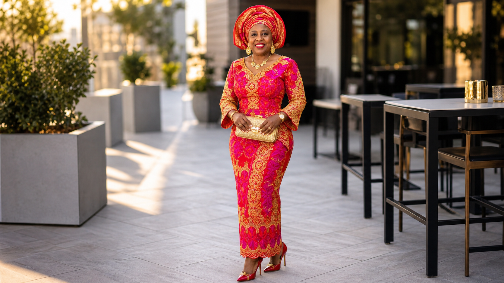 Dr. Enola in red and pink lace gele, full power