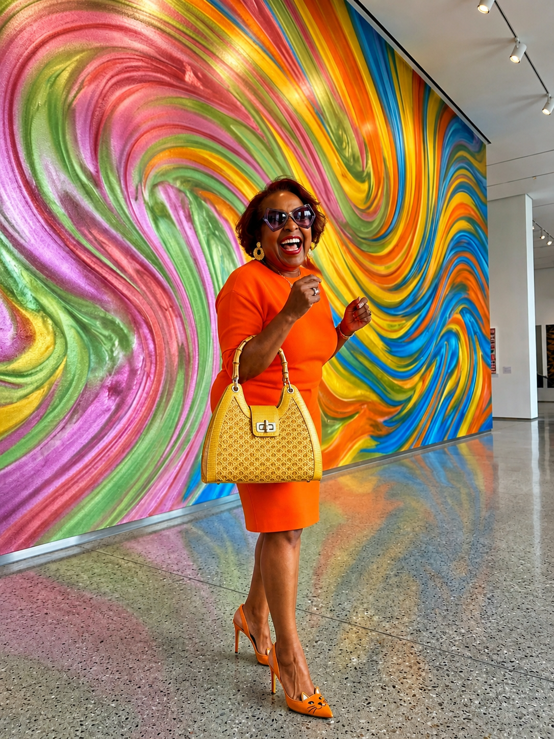 Dr. Enola in vibrant orange dress, laughing in front of a swirling rainbow mural