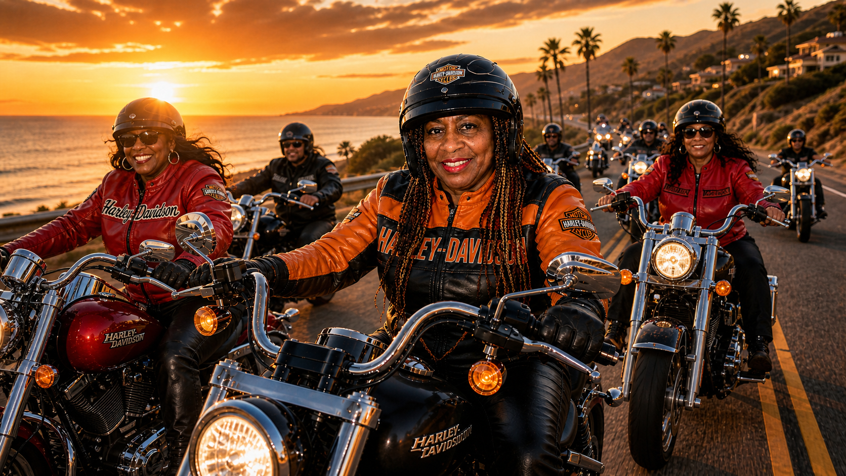 Dr. Enola leading a group ride at sunset on Harley-Davidson motorcycles