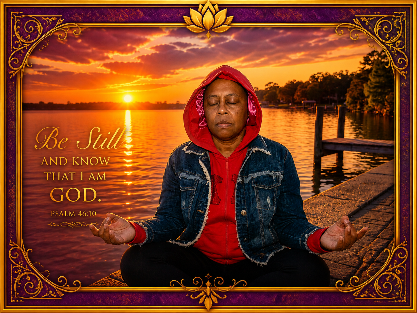 Dr. Enola meditating at sunset on the lake — Be Still, Psalm 46:10